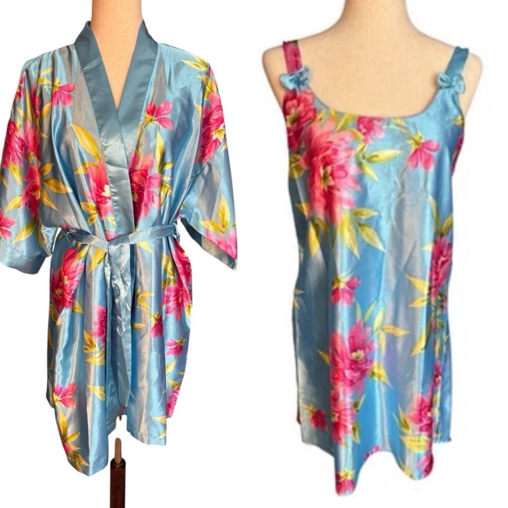 Vintage Set Sante Classics Small Floral Pink Blue Satin Floral Nightgown Robe